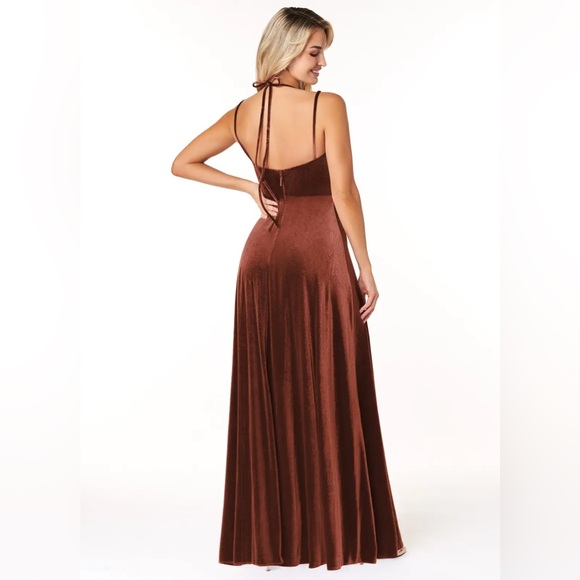 Azazie Sora Terracotta A-Line Halter Bow Velvet Bridesmaid Dress - Picture 2 of 9